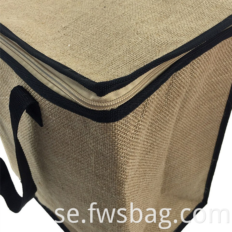 Eco Friendly Zippered återanvändbar anpassad logotypisolerad tote hessian jute kylväska för matfolie isolerad väska